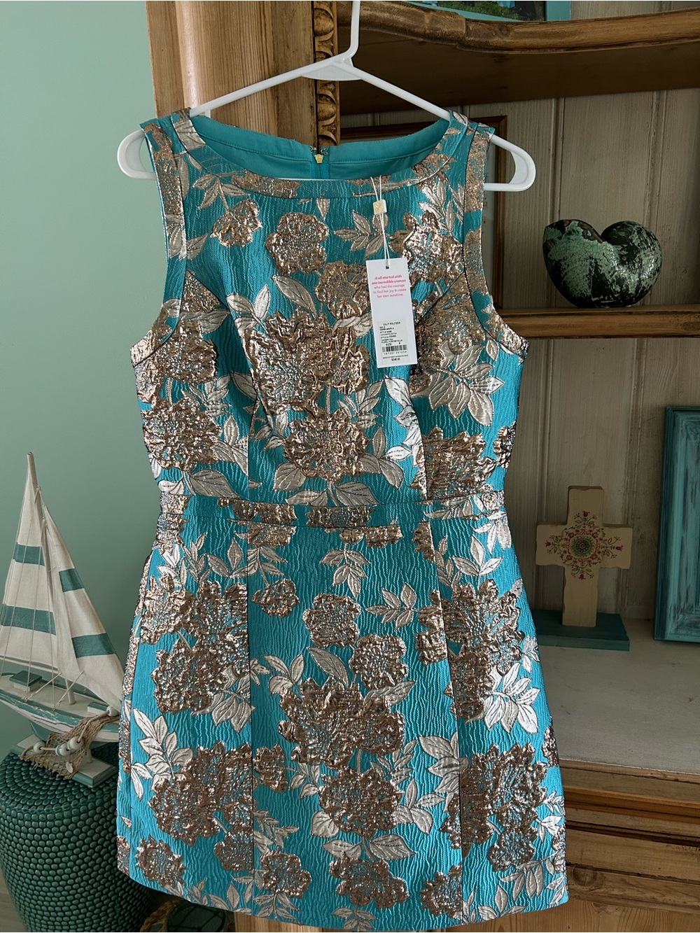 Lilly Pulitzer Turquoise Catie Skirted Romper with Gold Floral Jacquard